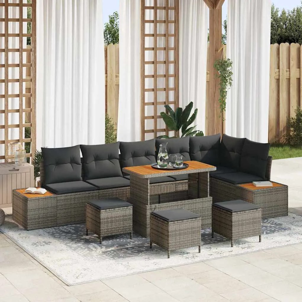 vidaXL Sofá de Jardim 10 Peças com Almofadas Cinzas em Rattan Sintético e Acácia.