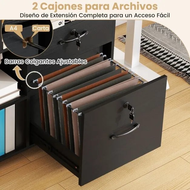 Arquivador de escritório 104 x 35 x 65,5 cm com fechadura com 4 gavetas Estante ajustável Preto