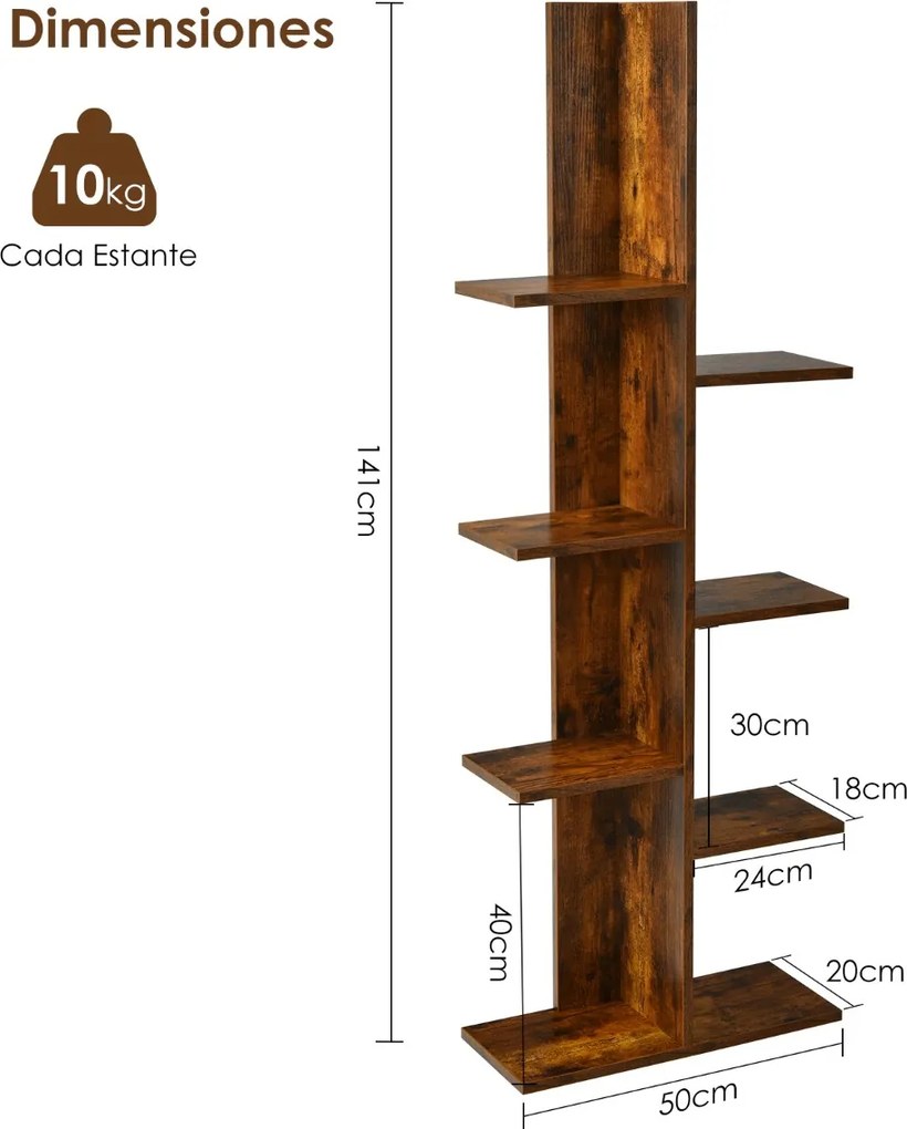 Estante de 8 prateleiras para livros e plantas para sala de estar, escritório, quarto, castanho
