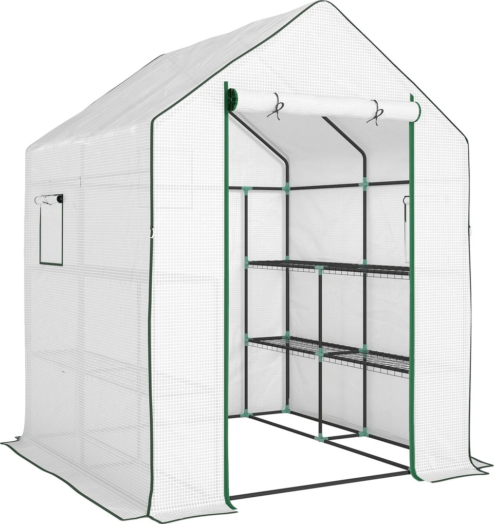 Outsunny Estufa de Jardim Pequena de 3 Níveis com 6 Prateleiras Porta Enrolável e Capa de PE 140x143x190 cm Branco | Aosom Portugal