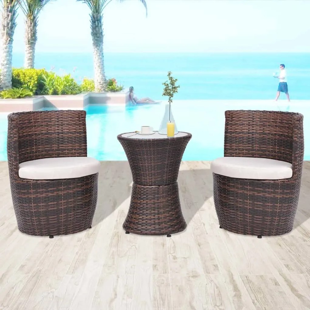vidaXL 3 pcs conjunto bistrô com almofadas vime PE castanho