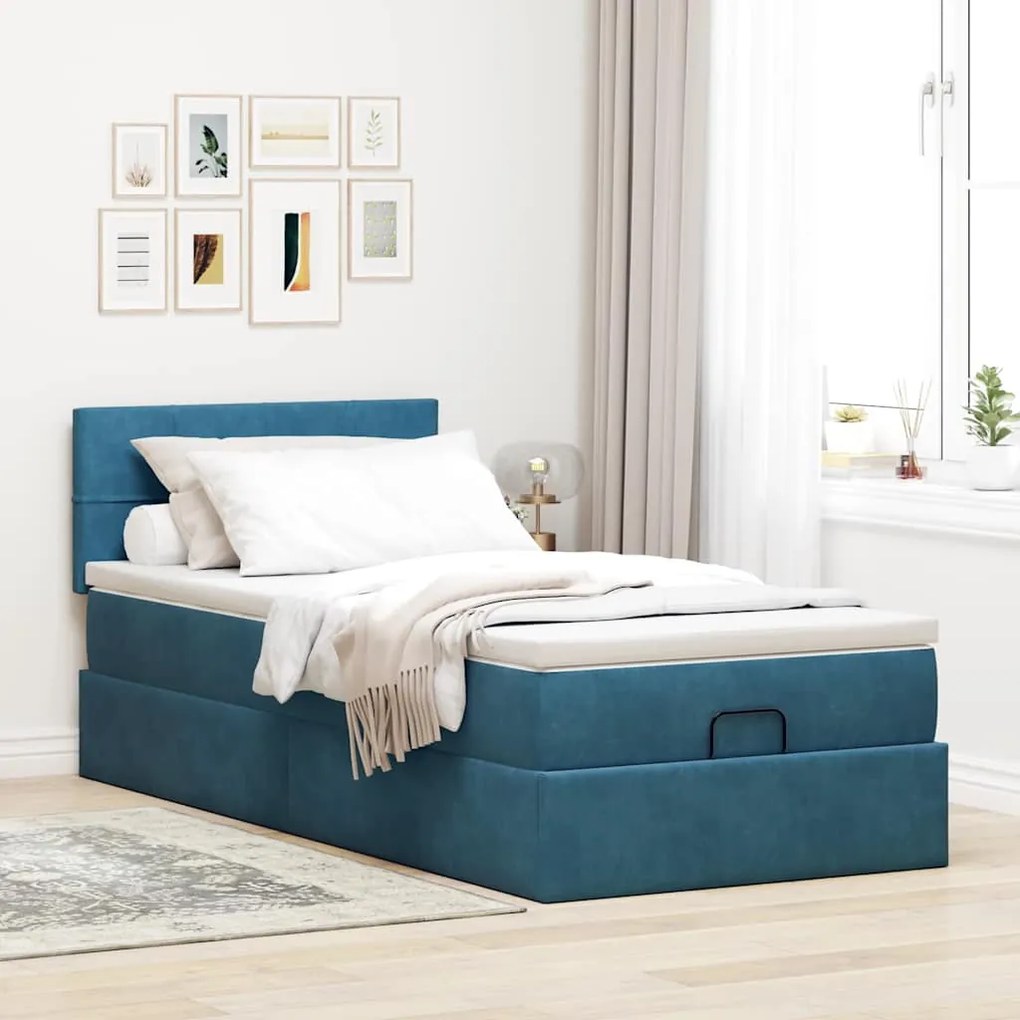 Estrutura cama otomana com colchão azul escuro 90x190cm veludo