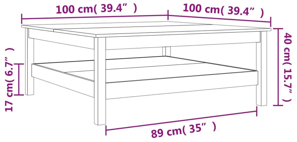 Mesa de centro 100x100x40 cm madeira pinho maciça castanho cera