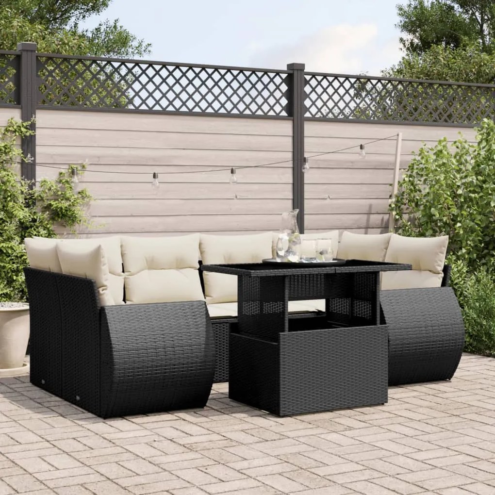7 pcs conjunto de sofás p/ jardim c/ almofadões vime PE preto
