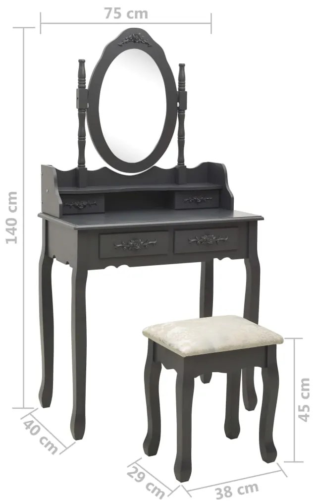 Conj. toucador com banco 75x69x140 cm madeira paulownia cinza