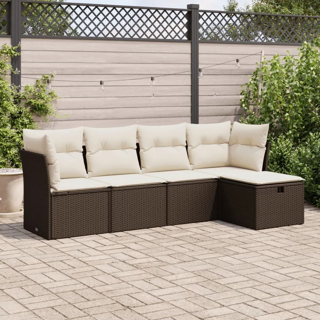 5 pcs conjunto sofás p/ jardim c/ almofadões vime PE castanho