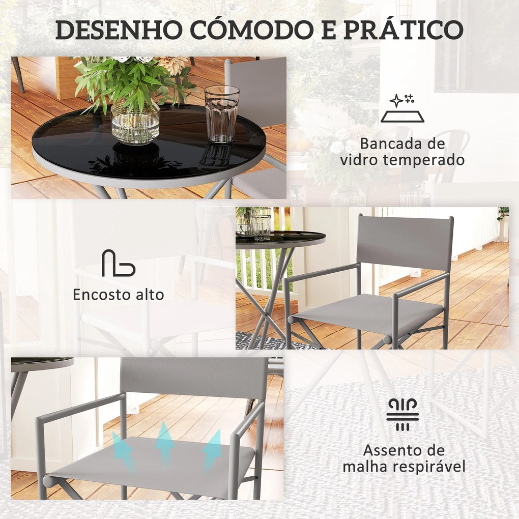 Conjunto de Móveis de Jardim de 3 Peças com 2 Cadeiras Dobráveis Mesa com Bancada em Vidro Temperado Cinza Escuro