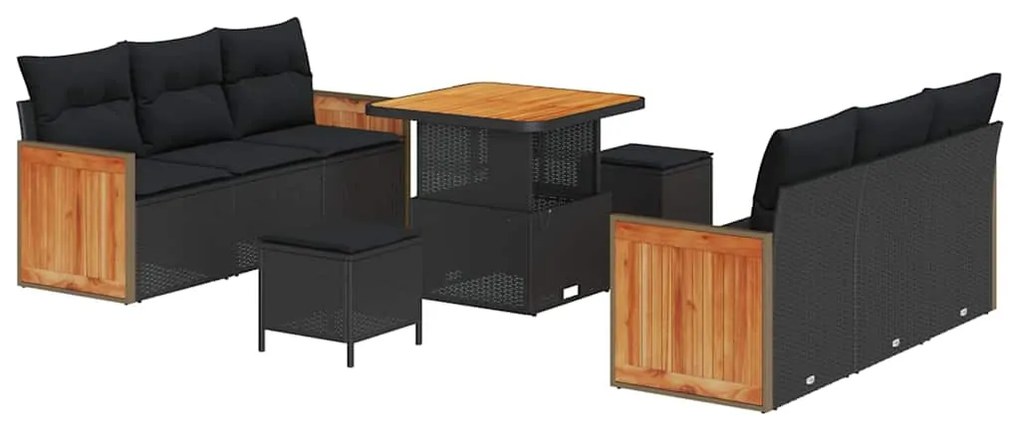 Conjunto de Sofás de Jardim com Almofadas vidaXL 9 Peças Preto Vime PE
