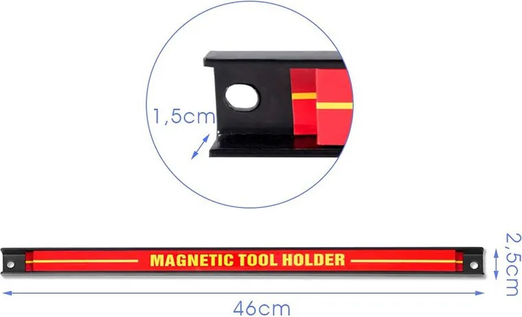 Conjunto de 12 Barras Magnéticas para Ferramentas, 46 x 2,5 x 1,5 cm, Capacidade de 10 kg por Barra, Vermelho