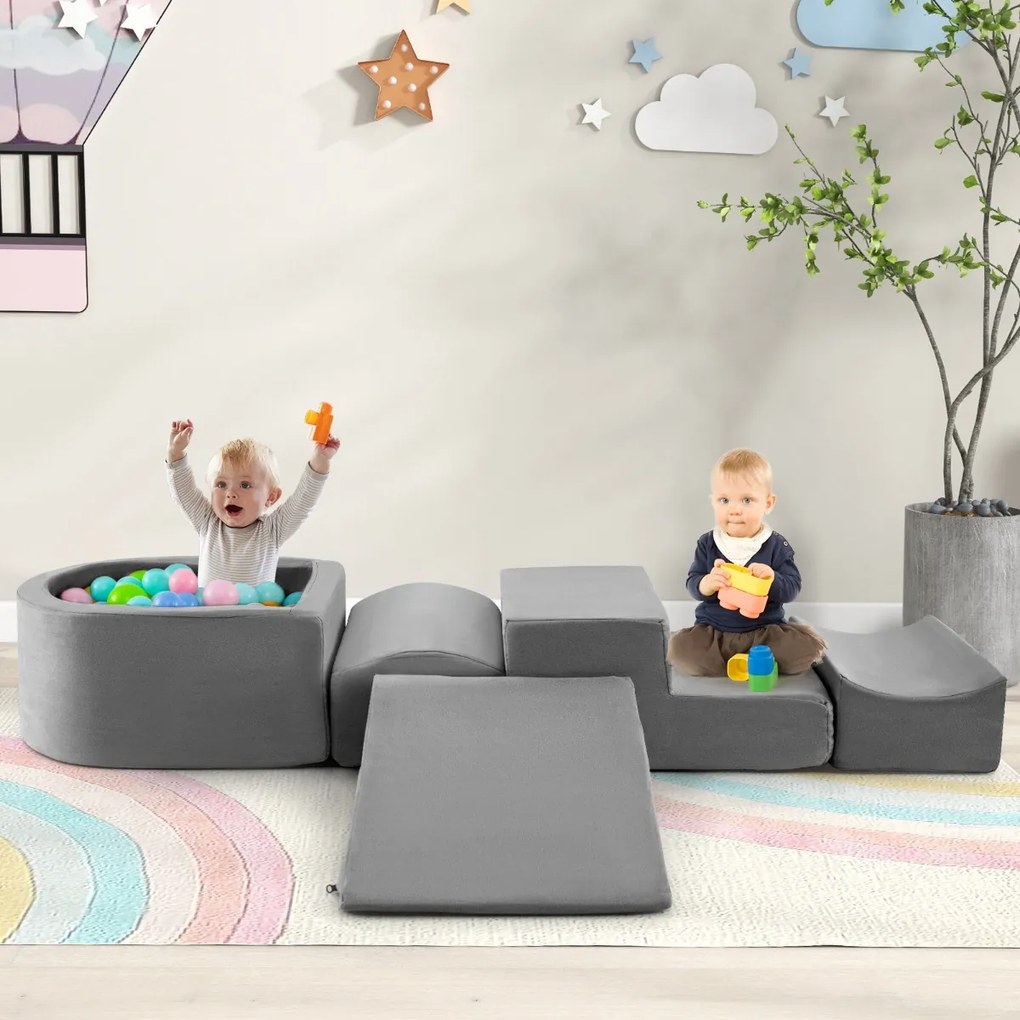 Conjunto de 5 peças para escalada e rampa para crianças Blocos de construção em esponja com piscina de bolas Cobertura lavável Criativa Cinzento