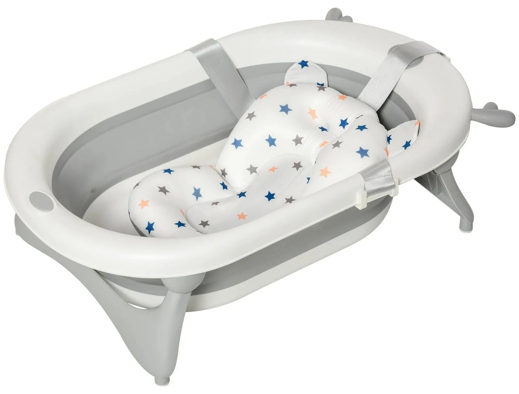 HOMCOM Banheira para Bebé até 3 anos Dobrável 30 litros com tampa termossensível e almofada  81,5x50,5x23,5 cm Cinza e branco