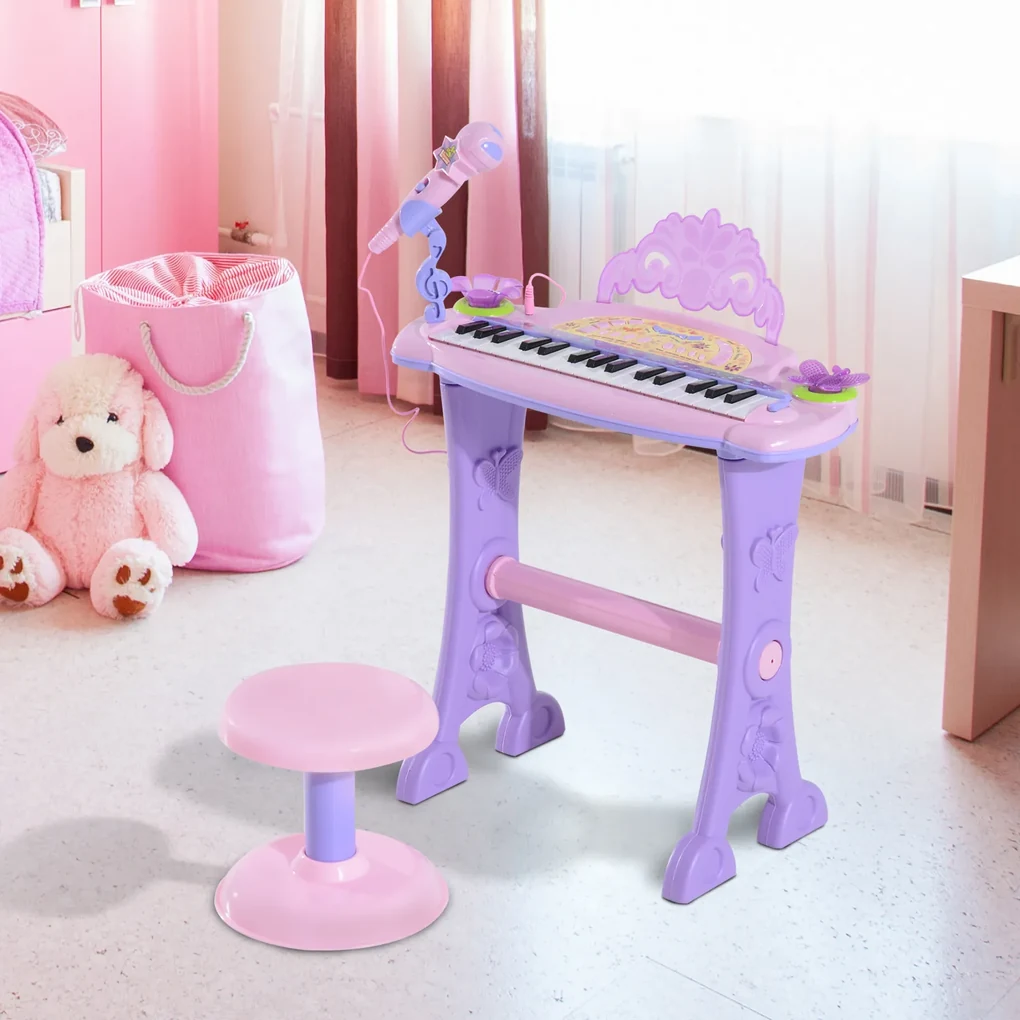 Piano Teclado Infantil Com Microfone Suporte Banquinho Show Cor Rosa