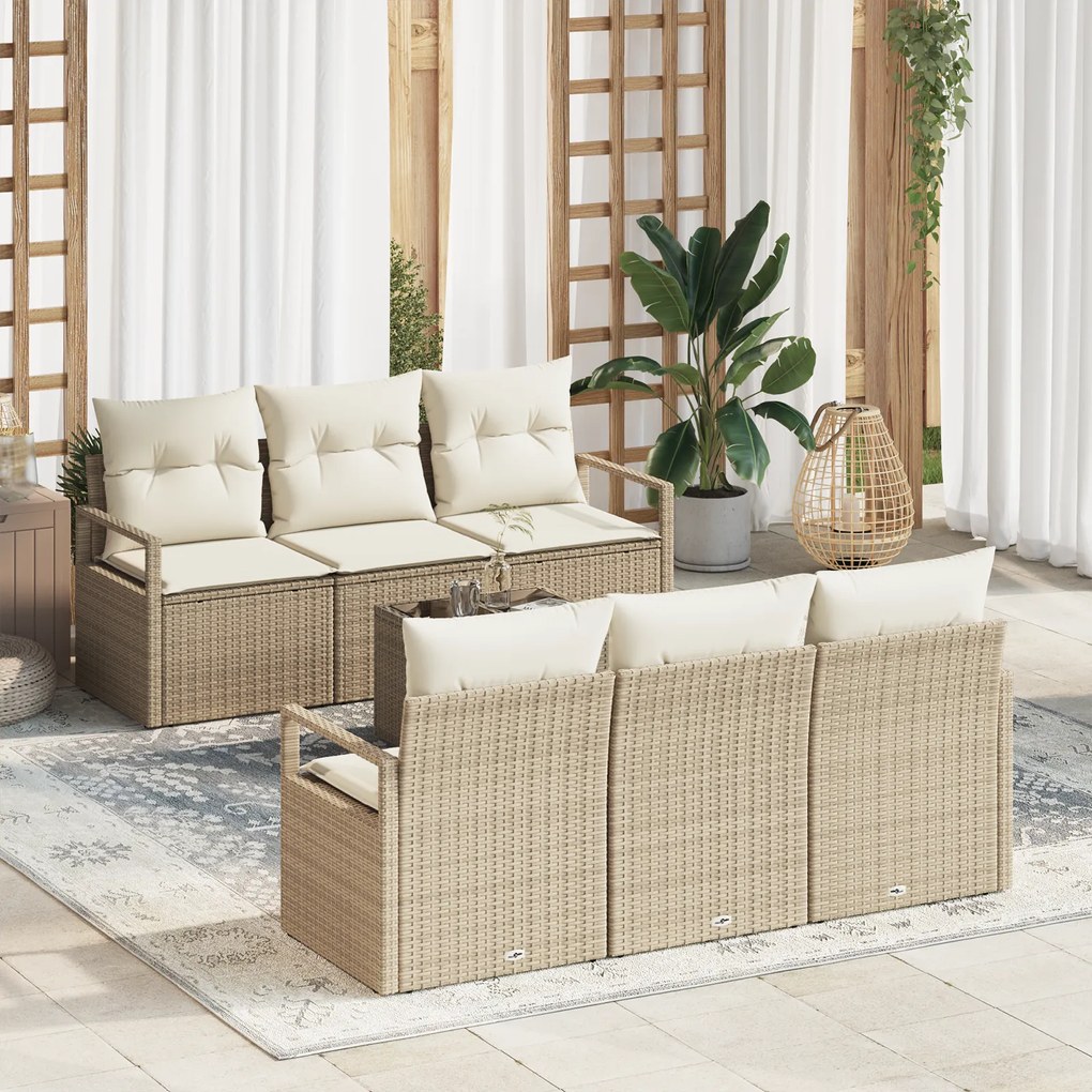 Conjunto de Sofá de Jardim vidaXL 7 Peças com Almofadas Bege Rattan Poliéster