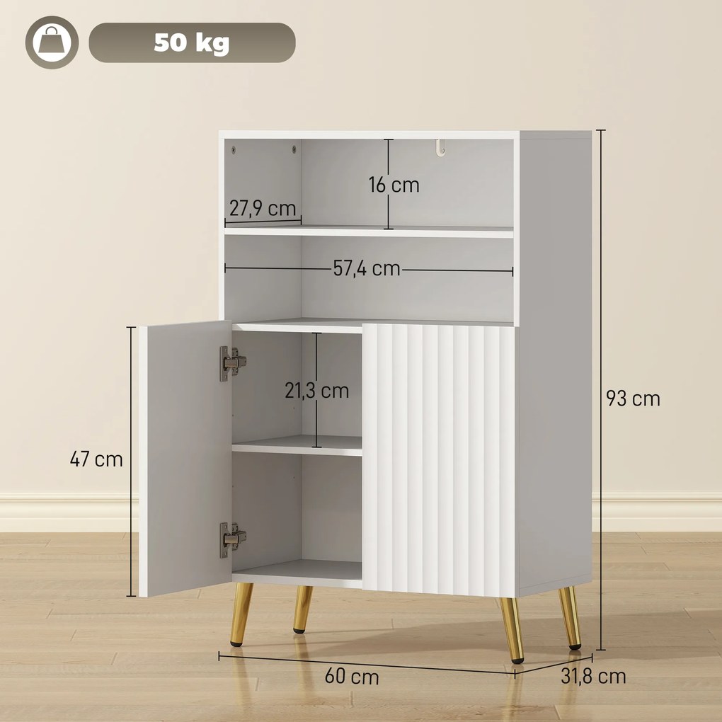 Móvel de casa de banho 60 x 31,8 x 93 cm, armário estreito de casa de banho com 5 prateleiras, portas caneladas com fecho suave, branco