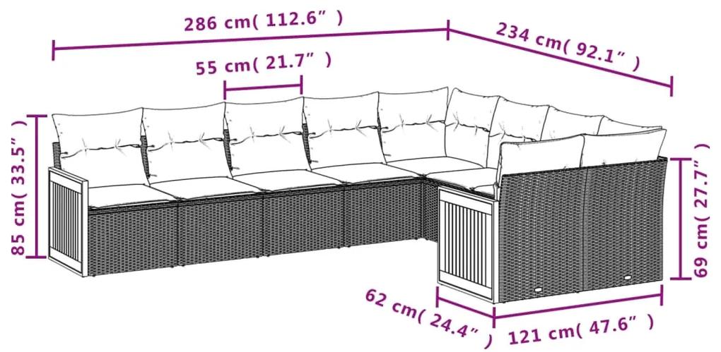 9 pcs conjunto sofás p/ jardim com almofadões vime PE cinzento