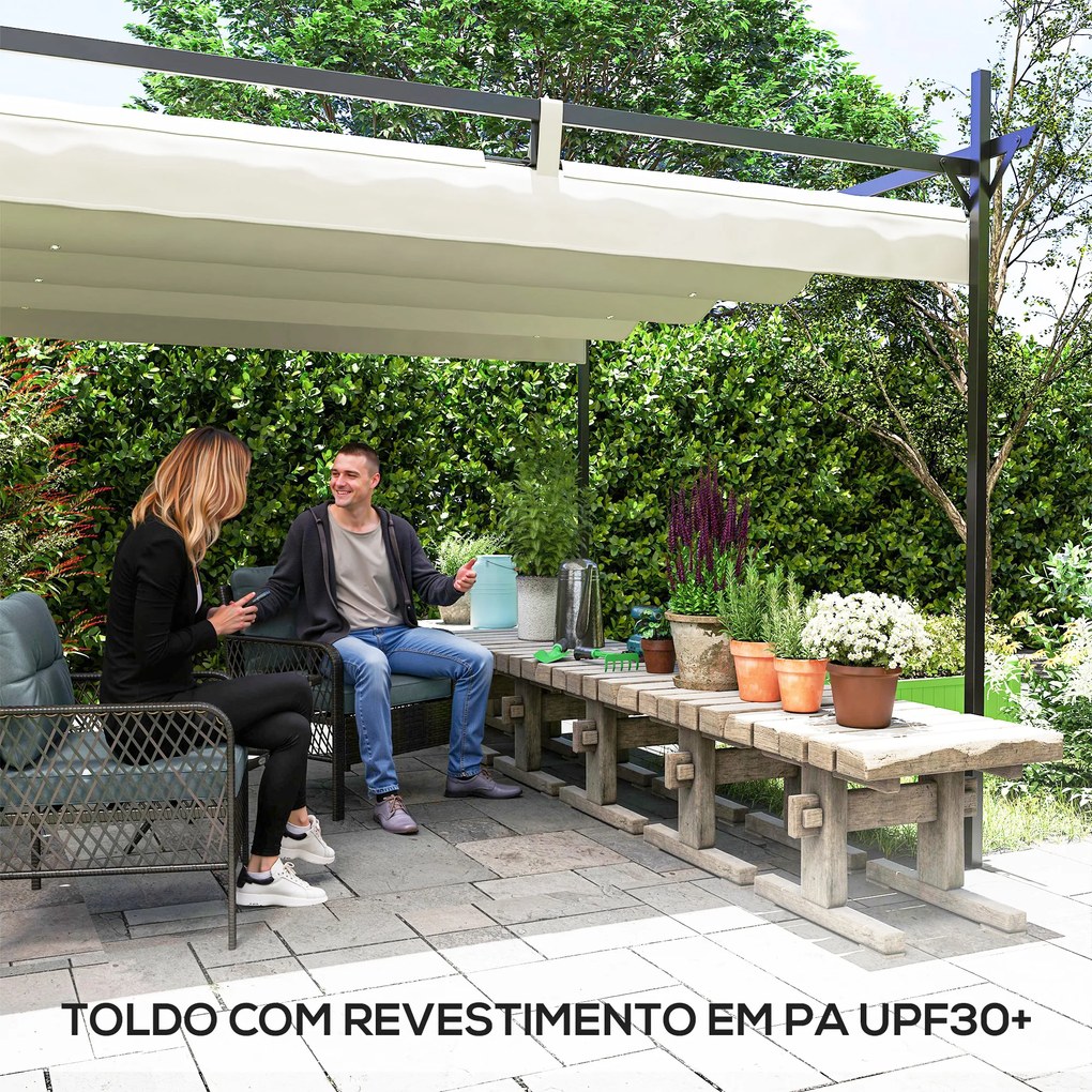Pérgola com Teto Retrátil de Alumínio 588x297x230 cm com Tecido de Poliéster Anti UV Pérgola de Jardim Creme