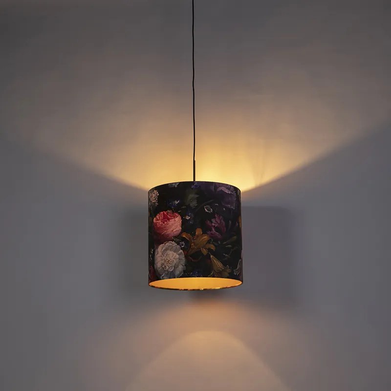 Candeeiro de suspensão com abajur de veludo flores com dourado 40 cm - Combi Clássico / Antigo