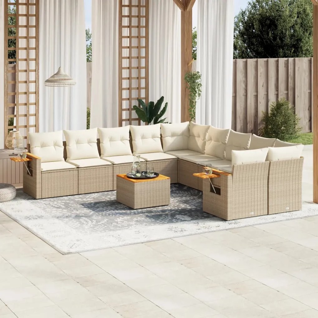 11 pcs conjunto sofás de jardim c/ almofadões vime PE bege