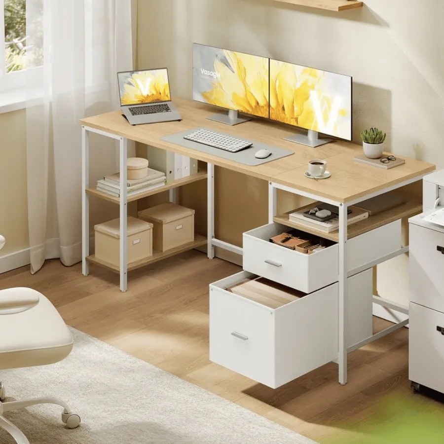 Secretaria para computador 160 x 60 x 76 cm com 3 prateleiras e 2 gavetas em cor de carvalho natural-branco nuvem