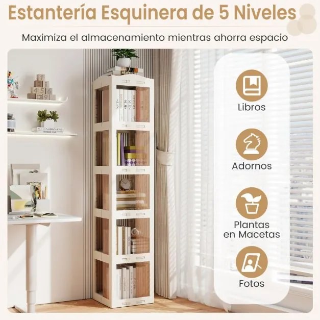 Estante com base giratória giratória 360° com 5 níveis 36,5 x 36 x 174 cm em Plástico dobrável com prateleiras Branco