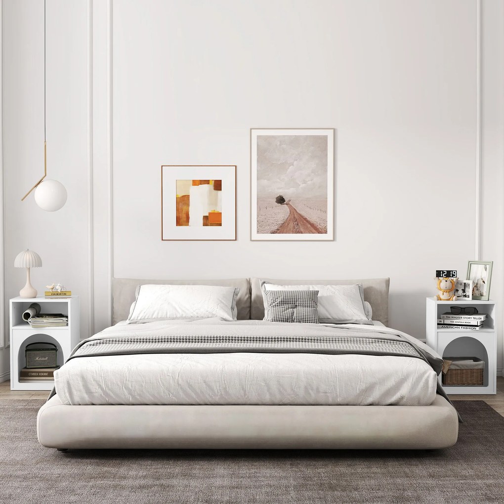 Conjunto de 2 mesas de cabeceira, com compartimentos abertos, design arqueado, 40 x 30 x 60 cm, branco