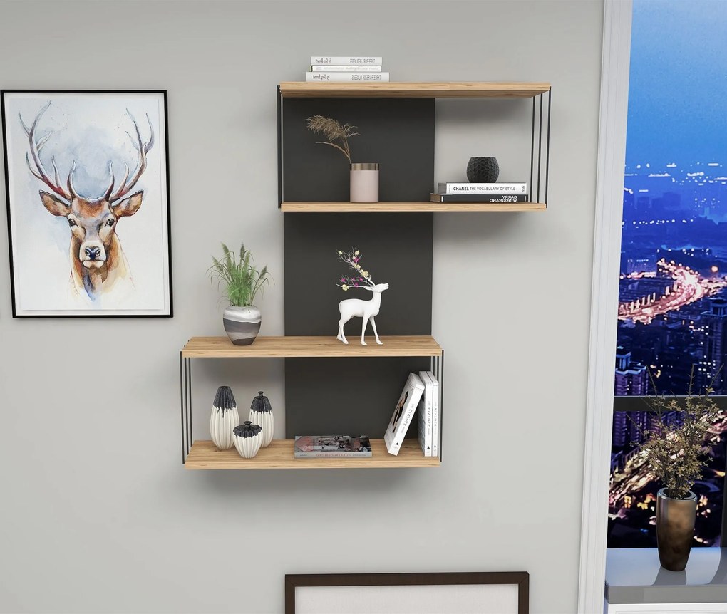 Prateleira de Parede Destan – Antracite e Carvalho – 65x96x19 cm