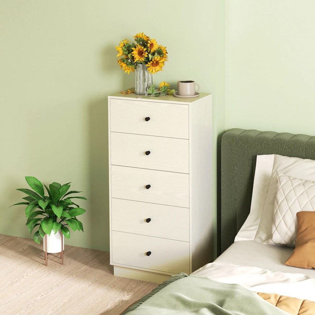 Cómoda com 5 gavetas 47 x 29 x 95 cm, móvel de arrumação alto e estreito, estilo moderno para quarto, sala de estar creme