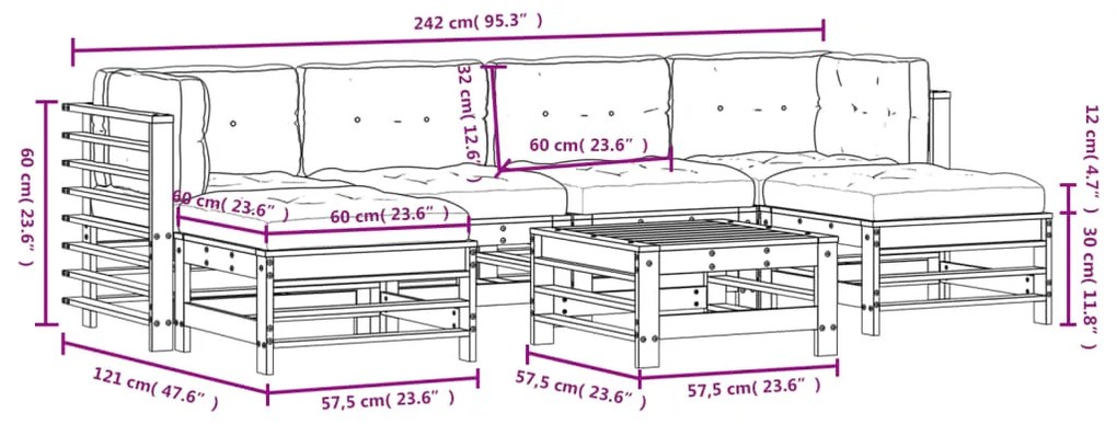 7pcs conjunto lounge jardim c/ almofadões madeira maciça branco