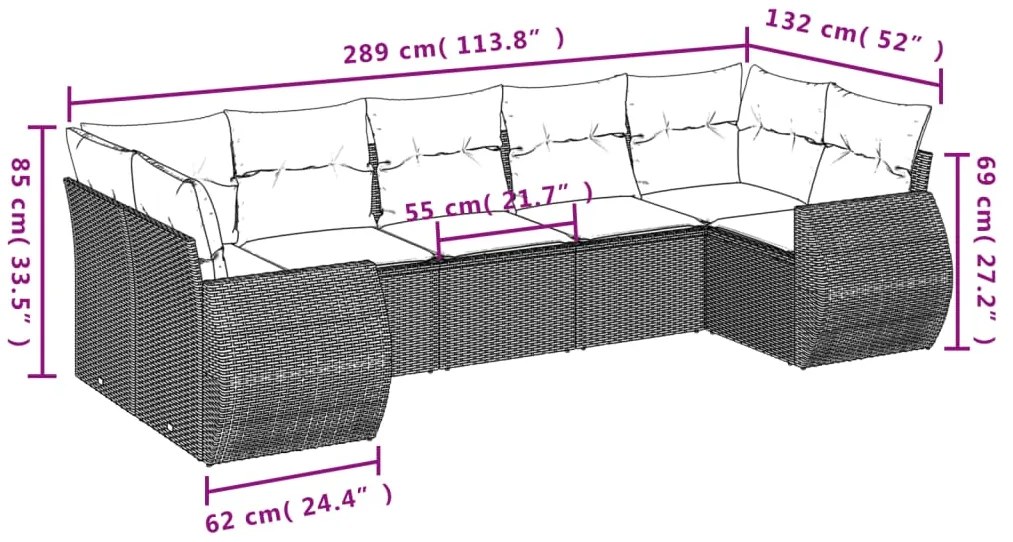 7 pcs conjunto de sofás p/ jardim com almofadões vime PE bege