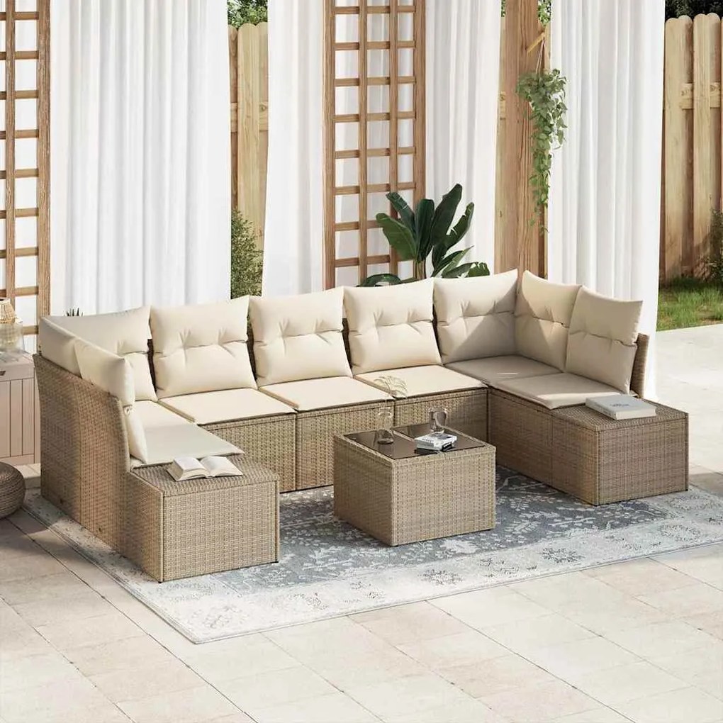 vidaXL Conjunto de Sofá de Jardim de 8 Peças com Almofadas Bege em Rattan Sintético.