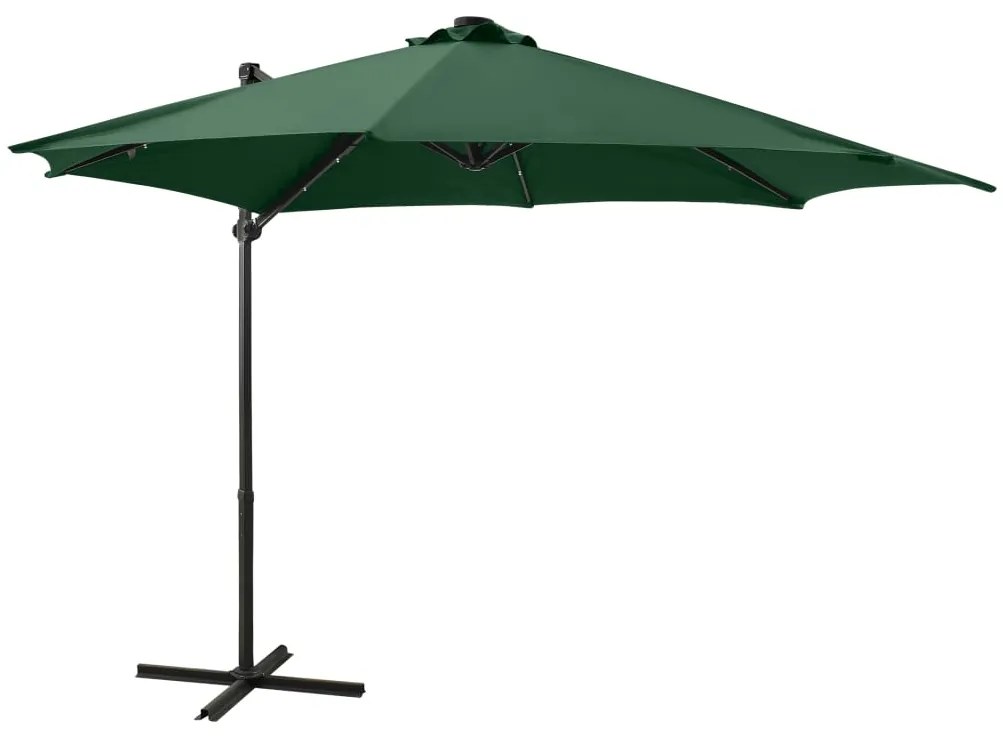 Guarda-sol jardim cantilever c/ poste e luzes LED 300 cm verde