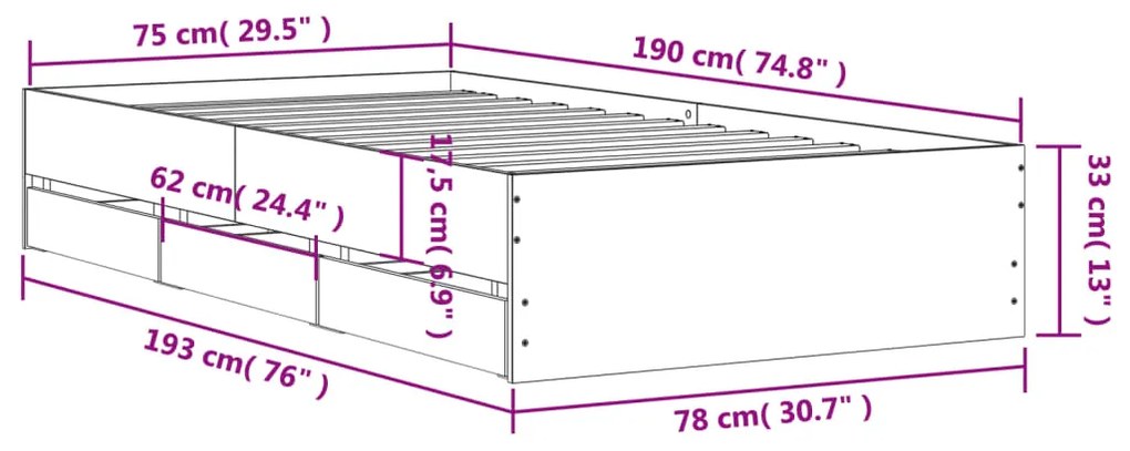 Estrutura cama c/ gavetas 75x190 cm derivados de madeira preto