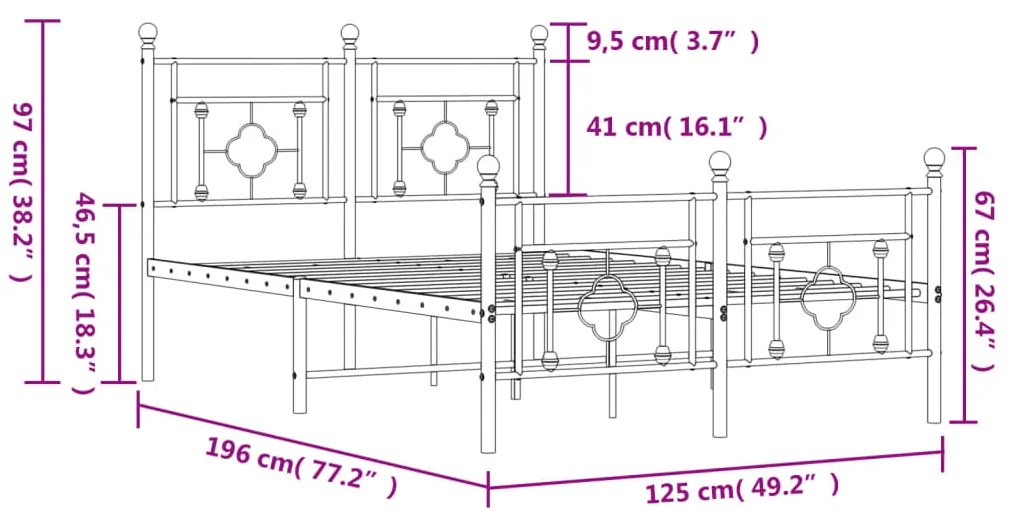 Estrutura de cama com cabeceira e pés 120x190 cm metal preto