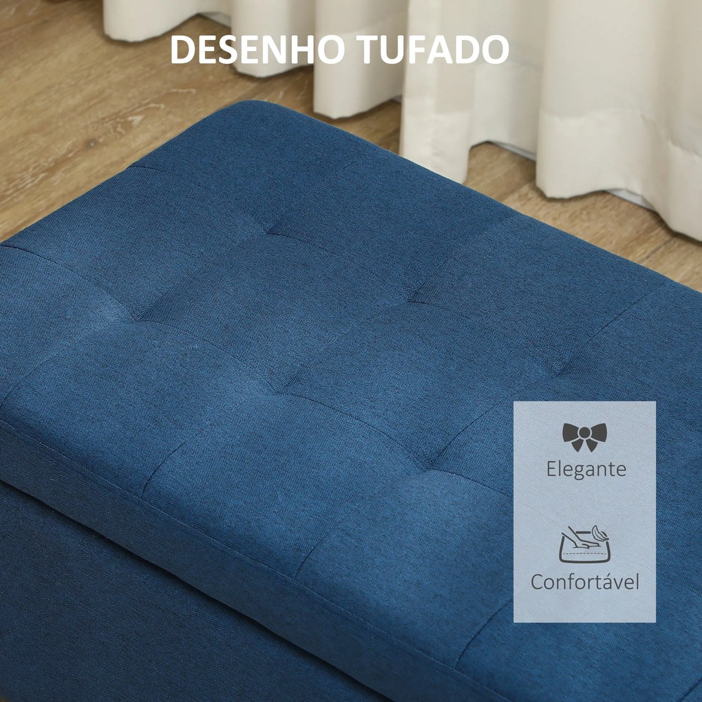 Banco de Armazenamento Acolchoado Banco Estofado em Linho Tampa com Abertura 125x49x41,5 cm Azul Escuro