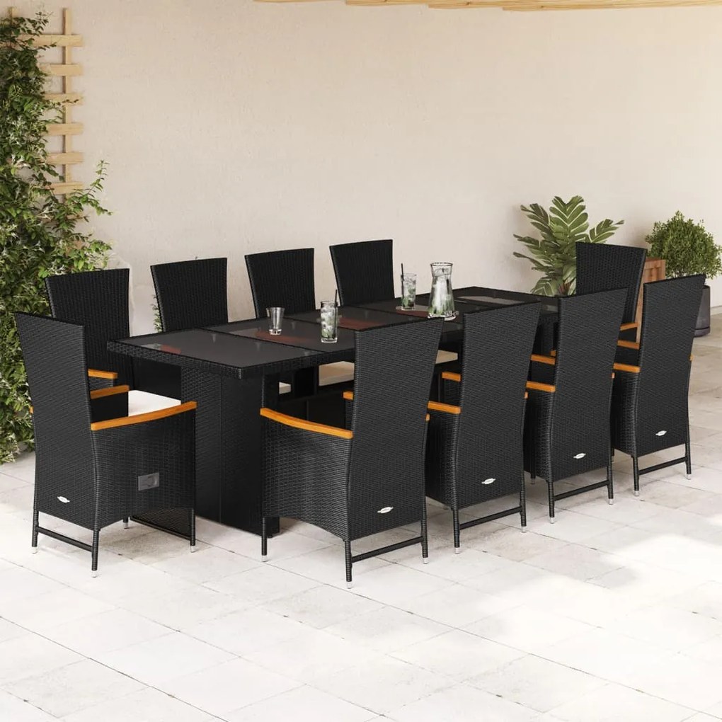 vidaXL 11 pcs conjunto de jantar p/ jardim c/ almofadões vime PE preto