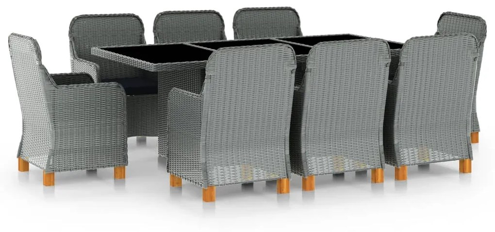 vidaXL 9 pcs conj. jantar exterior + almofadões vime PE cinzento-claro