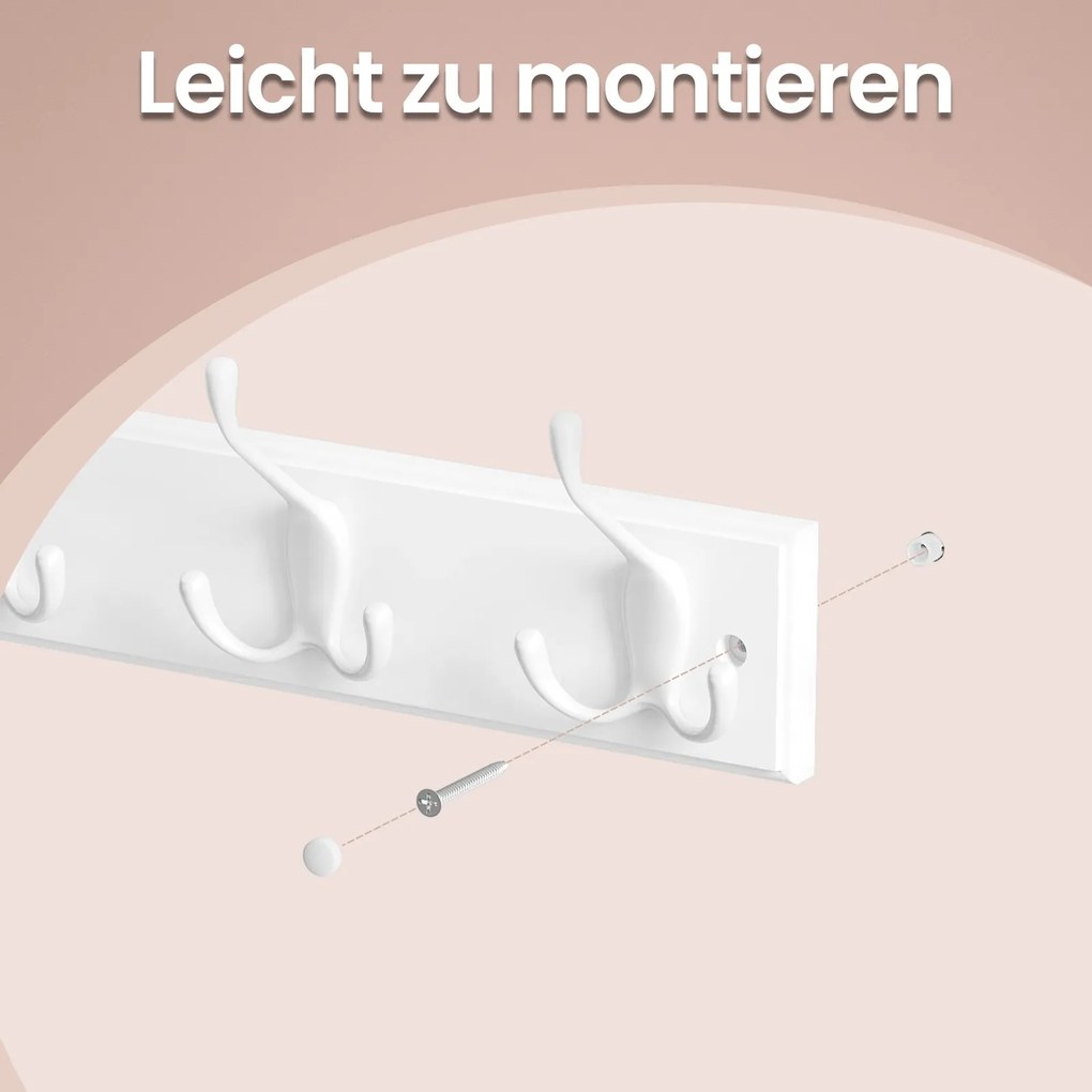 Cabide de parede com ganchos de metal, barra para casacos e chapéus 7 x 50,4 x 10,5 cm Branco