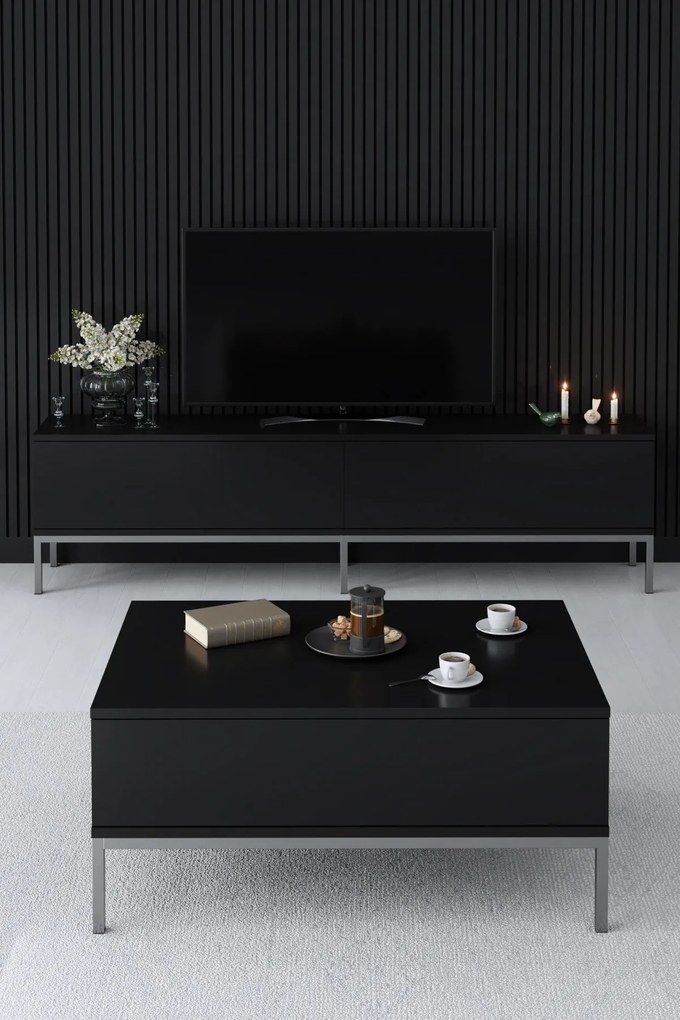 Conjunto de Mobiliário de Sala Lord – Preto e Prateado – TV Stand: 180