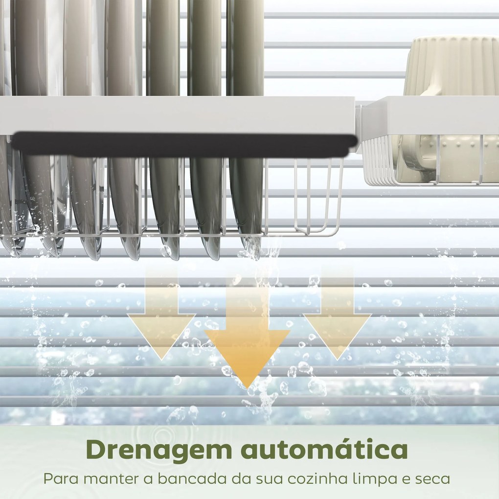 Escorredor de Louça de Aço de 2 Níveis com Prateleira para Pratos Suporte para Facas e Talheres 100x30x54,5 cm Branco