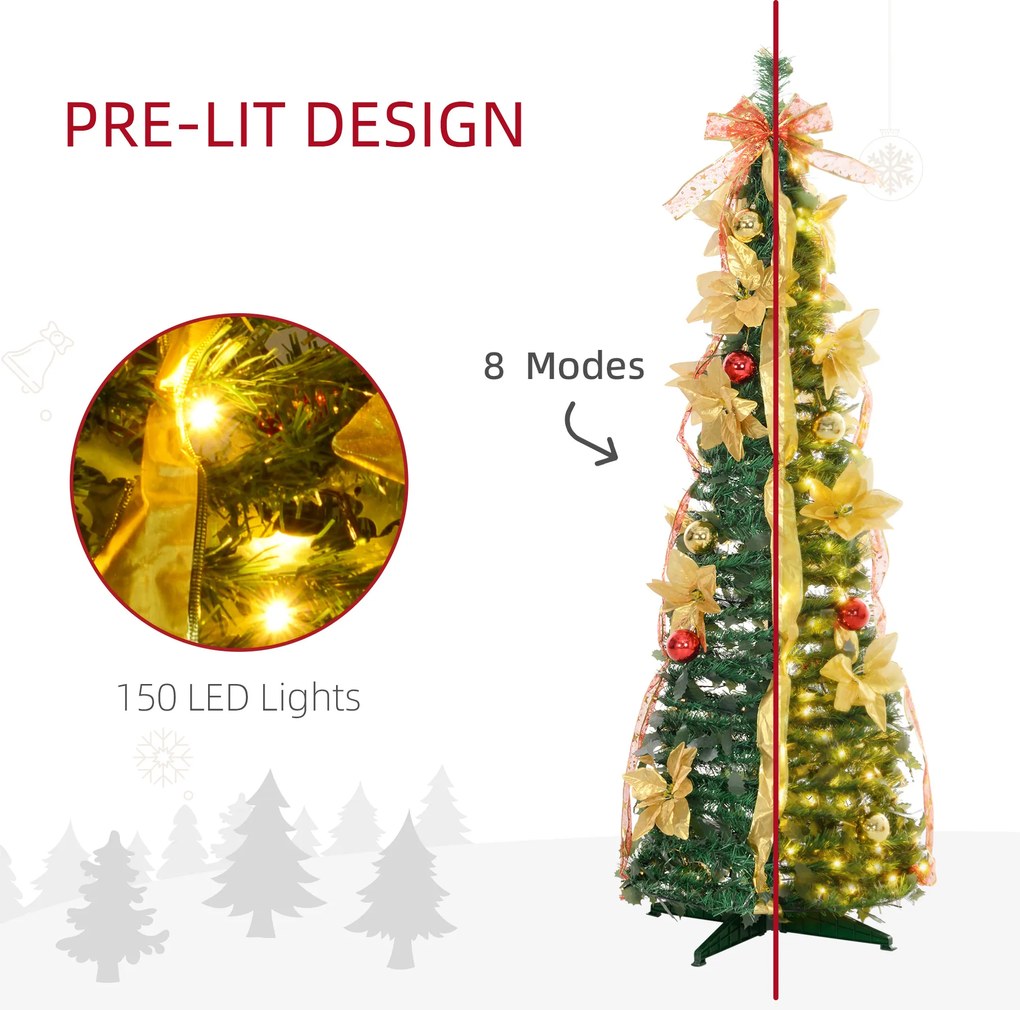 Árvore de Natal Dobrável 150 cm Árvore de Natal Artificial com Luzes LED e Decorações Pré-Instaladas Ø50x150 cm Verde