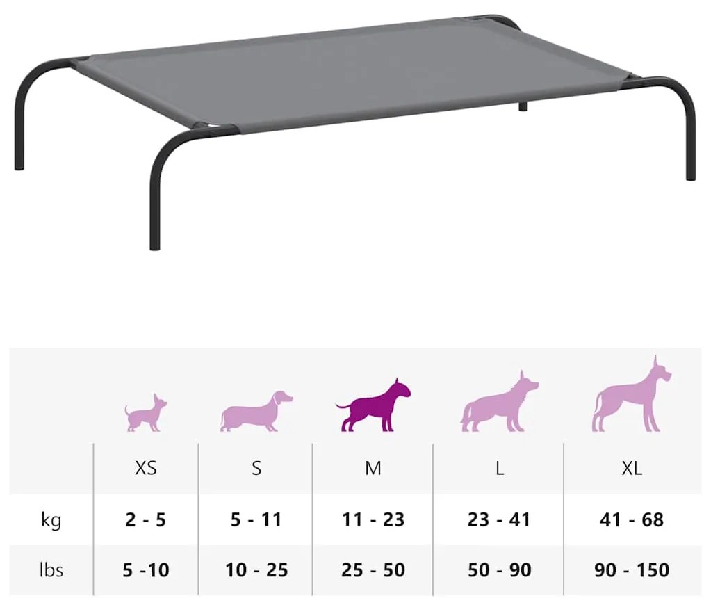 Cama para cães elevada 110x65x20cm tecido oxford e aço cinzento
