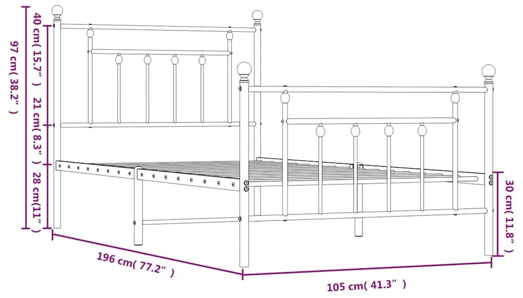 Estrutura de cama com cabeceira e pés 100x190 cm metal preto
