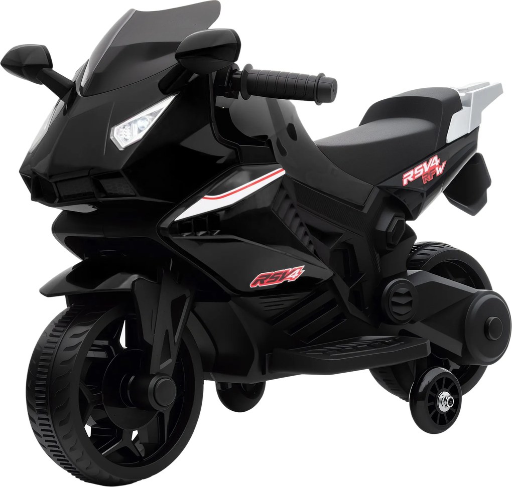 Moto elétrica para crianças 18-36 meses, moto a bateria de 6 V com efeitos luminosos e sonoros, rodas de treino, 75 x 36 x 49 cm, preta