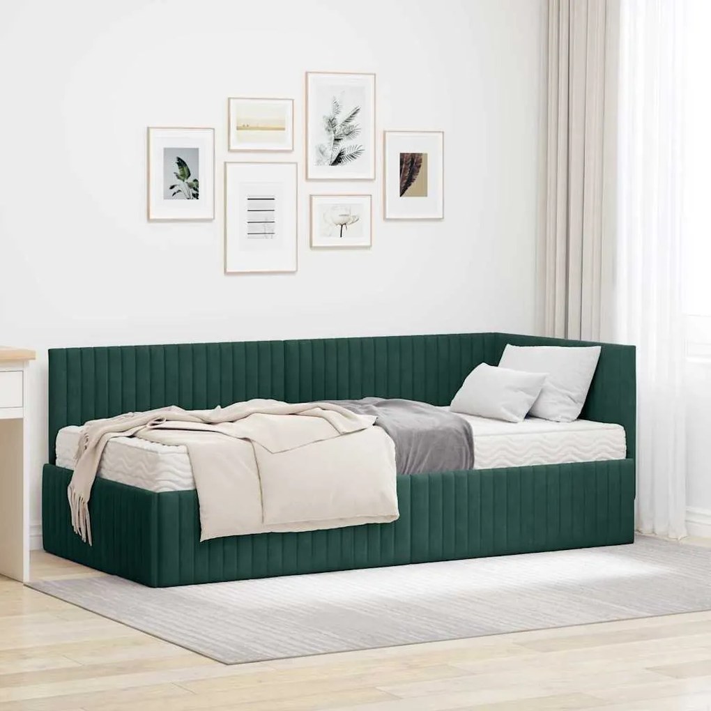 vidaXL Estrutura de Cama de Canto com Colchão 2 pcs Verde Veludo