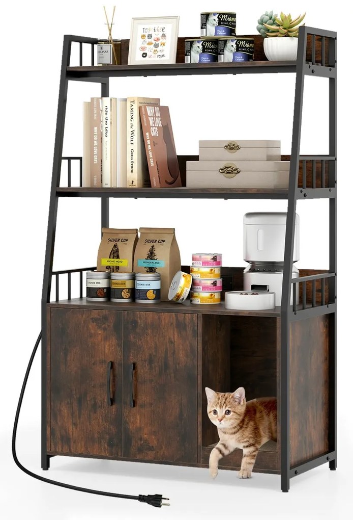 Caixa de areia para gatos com prateleiras de armazenamento, grande banheiro oculto para gatos com arranhador, nogueira + preto