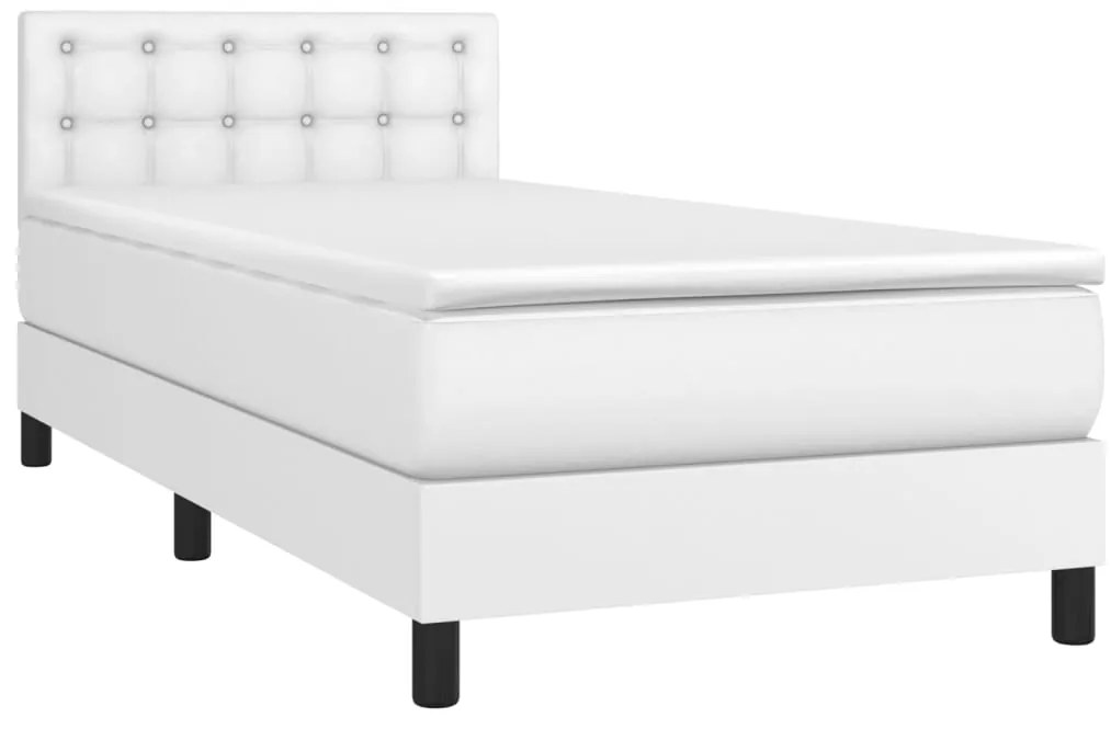 Cama box spring c/ colchão/LED 80x200cm couro artificial branco