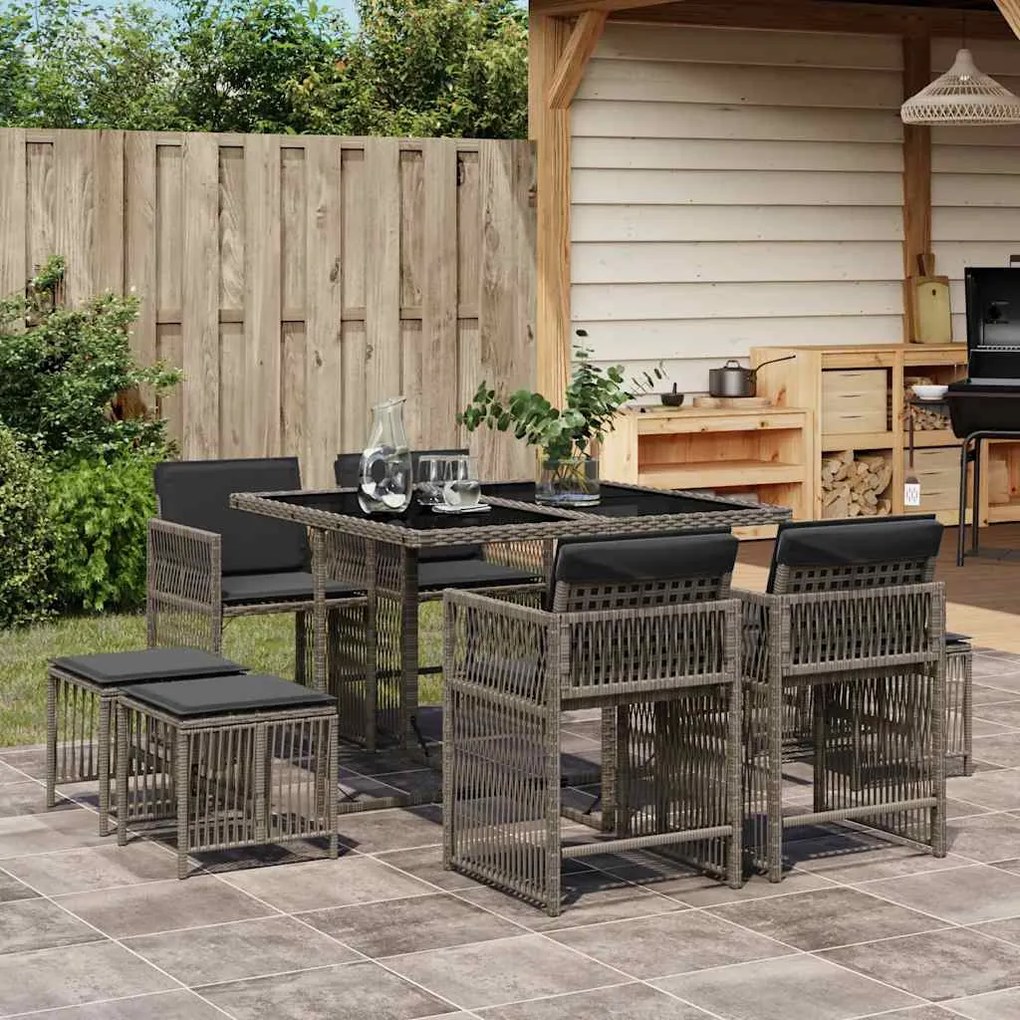 vidaXL 9 pcs conjunto de jantar p/ jardim c/ almofadões vime PE cinza