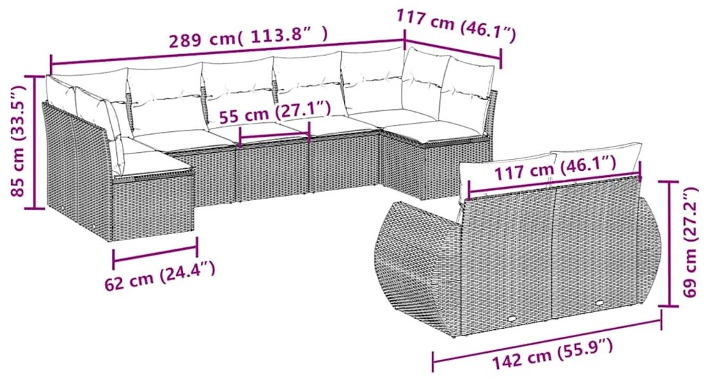 9 pcs conjunto de sofás p/ jardim c/ almofadões vime PE preto