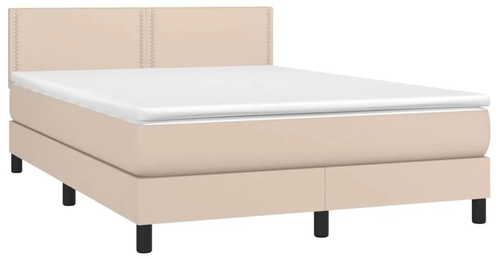 Cama box spring c/colchão/LED 140x190cm couro artif. cappuccino
