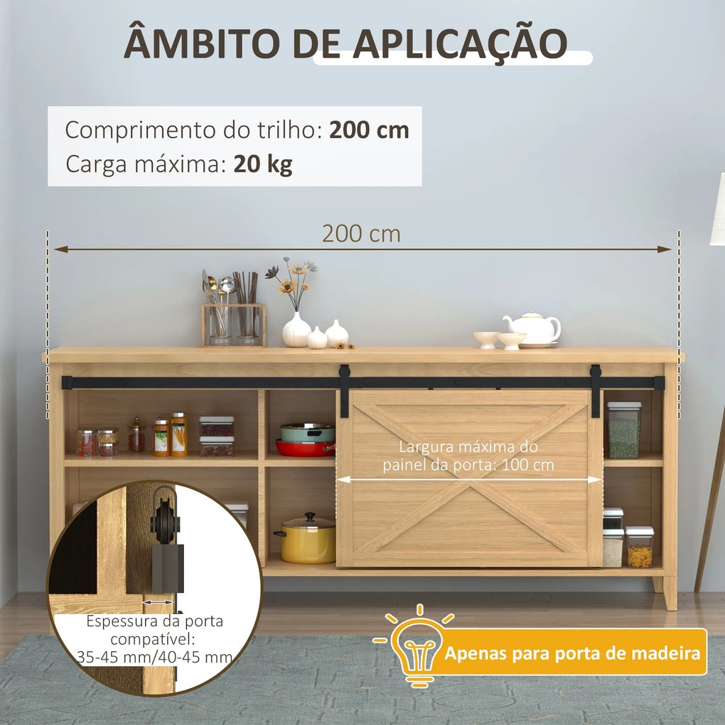 Ferragens para Porta Corredeira 200cm (MÓVEL NÃO INCLUIDO) Kit de Acessórios para Porta Corredeira de Madeira com 2 Trilhos de Aço Carga Máxima 20 kg